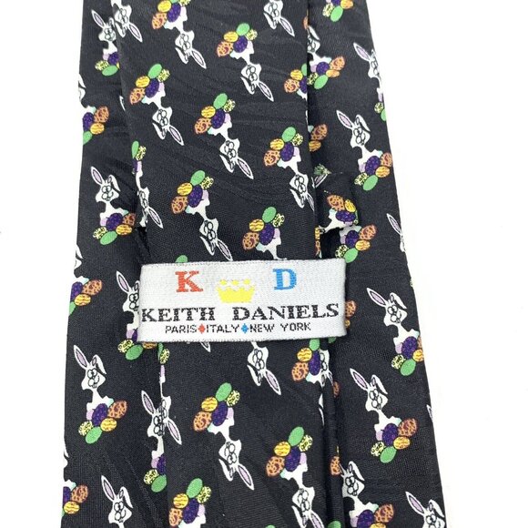 Keith Daniels Easter Black Neck Tie Polyester Bunny Rabbit 57" All Over - Picture 3 of 5